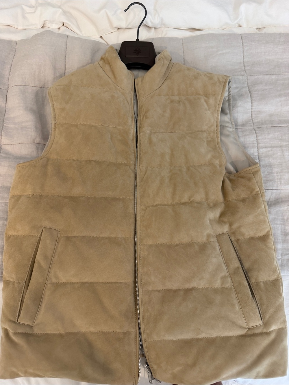 Eleventy Platinum Made in Italy Beige Suede Leather Puffer Vest Size 50